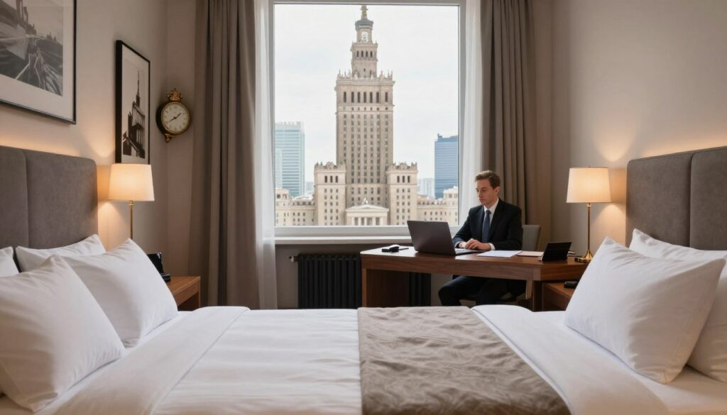 A sophisticated hotel room within the Sejm building in Warsaw, Poland, showcasing a blend of modern elegance and historical architecture. In the foreground, a neatly made bed with luxurious linens and a plush headboard. To the side, a sleek wooden desk with a laptop and documents, symbolizing professional life. The middle section features a large window with soft, natural light flooding the room, revealing a glimpse of the iconic Warsaw skyline. In the background, subtle decor such as artwork and a vintage clock, reflecting the cultural heritage of the setting. The atmosphere conveys professionalism and focus, suitable for a member of parliament during a stay in the city. The image is warm and inviting, with balanced lighting that enhances the serene mood. A sophisticated hotel room within the Sejm building in Warsaw, Poland, showcasing a blend of modern elegance and historical architecture. In the foreground, a neatly made bed with luxurious linens and a plush headboard. To the side, a sleek wooden desk with a laptop and documents, symbolizing professional life. The middle section features a large window with soft, natural light flooding the room, revealing a glimpse of the iconic Warsaw skyline. In the background, subtle decor such as artwork and a vintage clock, reflecting the cultural heritage of the setting. The atmosphere conveys professionalism and focus, suitable for a member of parliament during a stay in the city. The image is warm and inviting, with balanced lighting that enhances the serene mood.