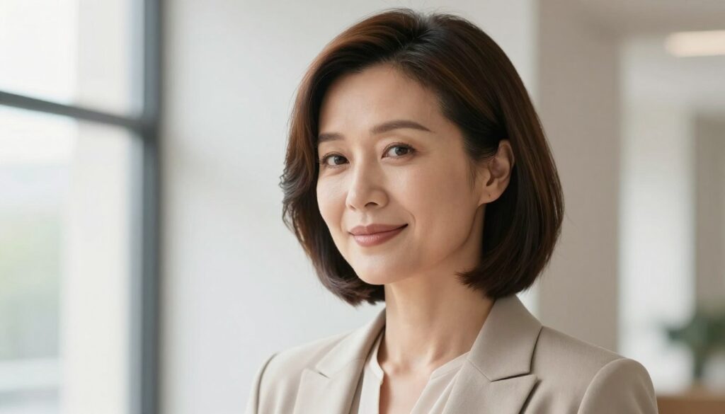 A sophisticated woman in her 40s with a round face sporting a sleek, modern bob haircut that elegantly frames her features, emphasizing her cheekbones and soft jawline. Her hair is shiny and well-styled, showcasing subtle highlights that catch the light. She's wearing a stylish, professional outfit—a tailored blazer paired with a simple blouse—in a neutral color palette that conveys confidence and elegance. The setting is a bright, airy indoor environment with natural light streaming in through large windows, softly illuminating her face. The mood is uplifting and refined, capturing the essence of timeless beauty and sophistication. The camera angle is slightly below eye level, drawing attention to her face and hairstyle while keeping the background softly blurred to maintain focus on her.