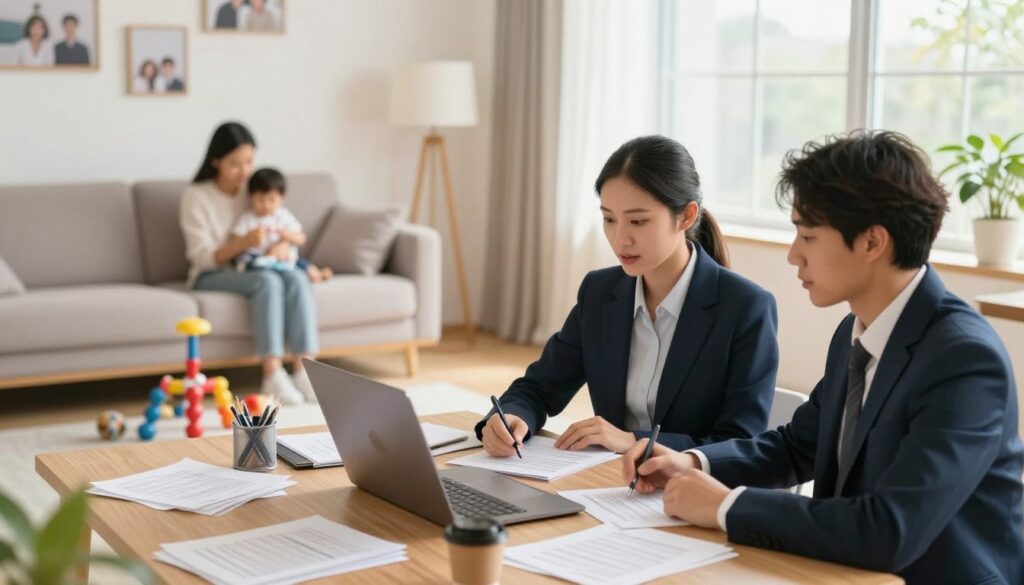 A split-scene illustration depicting the balance between professional obligations and personal life. In the foreground, a diverse group of three individuals in smart business attire engage in a video conference call on a modern laptop, surrounded by paperwork and productivity tools, showcasing their work commitment. In the middle ground, a cozy living area features a soft sofa, family photos, and a small child playing with toys, representing the warmth of family life. The background includes a bright window with natural sunlight streaming in, creating a friendly and inviting atmosphere. The overall mood is harmonious, emphasizing the blend of work and personal time, captured with soft lighting and a warm color palette, evoking feelings of balance and contentment.