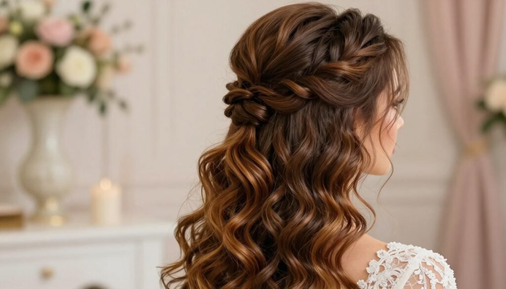 A stunning hairstyle featuring beautifully styled doczepiane kucyki (hair extensions), elegantly showcasing their volume and texture. In the foreground, a close-up view of a model with long, wavy hair incorporating luxurious, vibrant hair extensions, expertly blended for a natural look. The middle ground includes soft, romantic lighting that highlights the richness of the hair color and the intricate styling, emphasizing both classic and modern elements for a wedding aesthetic. In the background, a softly blurred setting reminiscent of a stylish wedding venue, with delicate floral decorations and soft fabrics. The overall mood is elegant and sophisticated, conveying a sense of celebration and beauty, perfect for a wedding hairstyle.