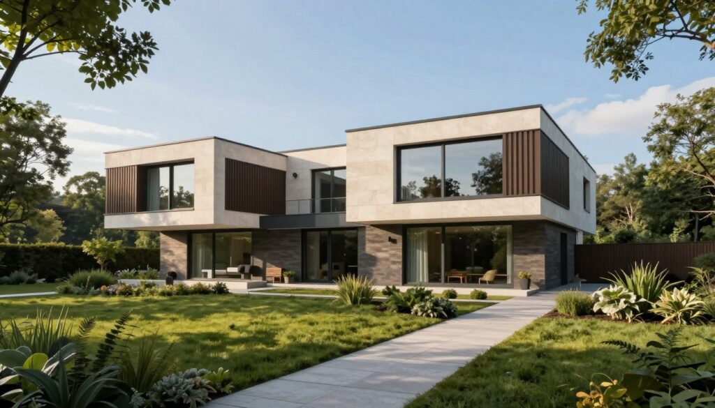 A stunning new architectural residence located in Łoś, Poland, emphasizing modern design and elegance. The foreground features lush greenery and an inviting pathway leading to the house. In the middle, the posiadłość showcases large windows, angular lines, and a blend of natural stone and sleek glass. The background highlights a serene landscape of trees and a clear blue sky for a peaceful atmosphere. Soft, warm sunlight bathes the scene, creating gentle shadows and enhancing the textures of the materials used. Capture the essence of contemporary living harmonizing with nature, evoking a sense of ambition and luxury. The image should be composed with a wide-angle lens to emphasize the scale and beauty of the property.