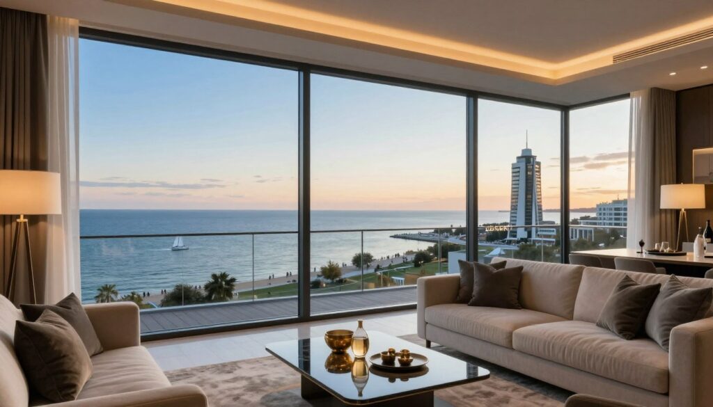 A stunning view from a contemporary apartment in the Sea Towers, Gdynia, showing a luxurious interior with stylish furnishings and large glass windows overlooking the Baltic Sea. The foreground features a tastefully decorated living area with a chic sofa, coffee table, and elegant decor. In the middle ground, the expansive windows provide a breathtaking view of the shimmering sea and the coastline, with sailboats visible on the water. The background includes the iconic Sea Towers structure and a clear blue sky at sunset, casting a warm golden glow over the scene. The atmosphere is serene and sophisticated, capturing the essence of coastal luxury living. The image should have soft, natural lighting that enhances the colors and mood without any text or distractions.