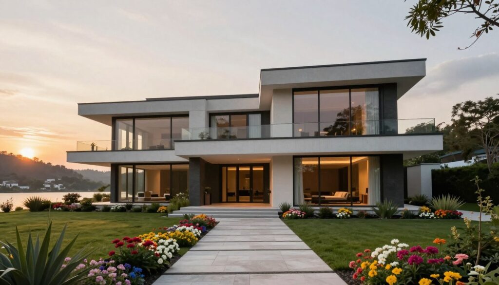 A stunning villa designed by architect Maciej Myszkowski, showcasing modern architecture with sleek lines and large glass windows. In the foreground, a beautifully landscaped garden with vibrant flowers and elegant pathways, leading up to the grand entrance of the villa. The middle features the striking facade of the house, blending contemporary design with natural elements. The background reveals a serene landscape, possibly hills or a tranquil lake, under a warm sunset sky that casts a soft golden light on the villa. The atmosphere is tranquil yet sophisticated, evoking a sense of luxury and comfort. The image should be captured from a low angle to emphasize the scale and beauty of the architecture, with no people present. A stunning villa designed by architect Maciej Myszkowski, showcasing modern architecture with sleek lines and large glass windows. In the foreground, a beautifully landscaped garden with vibrant flowers and elegant pathways, leading up to the grand entrance of the villa. The middle features the striking facade of the house, blending contemporary design with natural elements. The background reveals a serene landscape, possibly hills or a tranquil lake, under a warm sunset sky that casts a soft golden light on the villa. The atmosphere is tranquil yet sophisticated, evoking a sense of luxury and comfort. The image should be captured from a low angle to emphasize the scale and beauty of the architecture, with no people present.