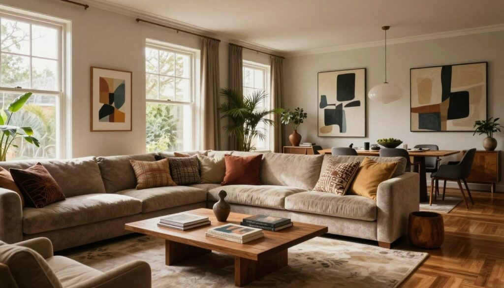 A stylish and artistic interior of a contemporary home, showcasing an elegant living room with a blend of modern and vintage furnishings. The foreground features a plush, textured sofa adorned with decorative cushions, a low wooden coffee table with art books and a small sculpture. In the middle, large windows allow soft, natural light to flood the space, casting gentle shadows on the polished wooden floor. A striking piece of abstract art adorns the wall, while indoor plants add a touch of greenery. The background reveals an open-plan layout leading to a chic dining area with a sleek table set for a gathering. The overall mood is warm and inviting, reflecting creativity and sophistication, with soft lighting that enhances the rich color palette. A stylish and artistic interior of a contemporary home, showcasing an elegant living room with a blend of modern and vintage furnishings. The foreground features a plush, textured sofa adorned with decorative cushions, a low wooden coffee table with art books and a small sculpture. In the middle, large windows allow soft, natural light to flood the space, casting gentle shadows on the polished wooden floor. A striking piece of abstract art adorns the wall, while indoor plants add a touch of greenery. The background reveals an open-plan layout leading to a chic dining area with a sleek table set for a gathering. The overall mood is warm and inviting, reflecting creativity and sophistication, with soft lighting that enhances the rich color palette.