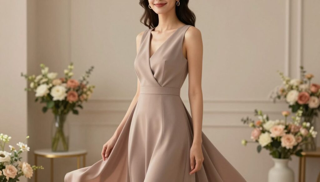 A stylish and elegant dress without a back, showcasing its graceful lines and luxurious fabric. The foreground features a model wearing the dress, standing confidently with a gentle smile. She is dressed in professional but fashionable attire, highlighting the dress's fluidity and movement. The middle-ground includes softly blurred floral arrangements, adding a touch of nature and warmth. The background is a softly lit indoor environment with muted pastel colors, enhancing the overall harmony of the scene. The lighting is warm and diffused, casting gentle shadows that accentuate the silhouette of the dress. The atmosphere is serene and sophisticated, inviting the viewer to appreciate the art of fashion design.