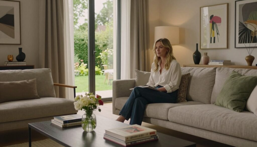 A stylish and elegantly designed home interior representing Joanna Kulig's lifestyle, featuring a cozy living room with modern Scandinavian furniture, warm lighting creating a welcoming atmosphere. In the foreground, a sleek coffee table adorned with art books and a small vase of fresh flowers. The middle ground includes a spacious window with sheer curtains, revealing a picturesque view of a lush green garden outside. The background showcases tasteful decor elements, including a tasteful mix of Polish and international art. The mood is serene and sophisticated, reflecting the balance between her Polish roots and life abroad. The image should feature a sense of tranquility and comfort, suitable for depicting her life choices and the connection between home and career.