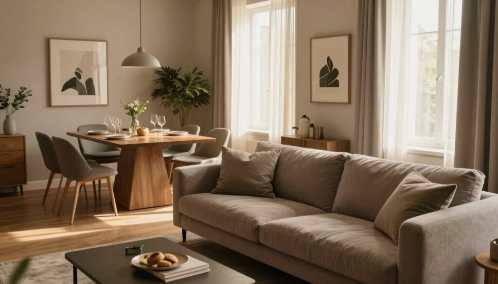 A stylish and modern apartment interior reflecting a blend of comfort and sophistication. In the foreground, a plush, tailored sofa in a muted color with elegant throw pillows, accompanied by a sleek coffee table. In the middle ground, a contemporary dining area with a minimalist wooden table and designer chairs, elegantly set for a meal. The background features large windows draped with light, airy curtains, allowing soft, warm sunlight to fill the room. Subtle decorative elements include indoor plants and tasteful artwork on the walls, creating a serene atmosphere. The scene is captured from a slightly elevated angle, providing a panoramic view of the space. The mood is inviting and refined, embodying a private, peaceful retreat. A stylish and modern apartment interior reflecting a blend of comfort and sophistication. In the foreground, a plush, tailored sofa in a muted color with elegant throw pillows, accompanied by a sleek coffee table. In the middle ground, a contemporary dining area with a minimalist wooden table and designer chairs, elegantly set for a meal. The background features large windows draped with light, airy curtains, allowing soft, warm sunlight to fill the room. Subtle decorative elements include indoor plants and tasteful artwork on the walls, creating a serene atmosphere. The scene is captured from a slightly elevated angle, providing a panoramic view of the space. The mood is inviting and refined, embodying a private, peaceful retreat.