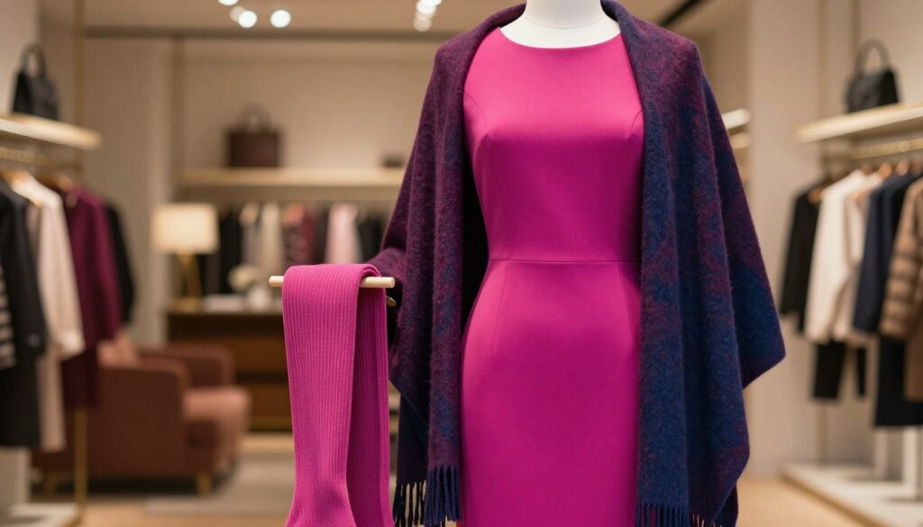 A stylish arrangement featuring a vibrant fuchsia dress on a mannequin as the focal point, complemented by a chic pair of matching tights in a soft texture, draped elegantly nearby. A luxurious, cozy shawl in a contrasting color, perhaps deep plum or rich navy, is artistically positioned alongside the dress, adding depth and texture. The background is softly blurred, showcasing a fashionable boutique interior with warm, inviting lighting that casts gentle shadows, creating a sophisticated ambiance. The atmosphere exudes a sense of style and elegance, ideal for fashion enthusiasts seeking inspiration for cohesive outfit pairings. The scene is shot at eye level with a slightly shallow depth of field to emphasize the dress and accessories.
