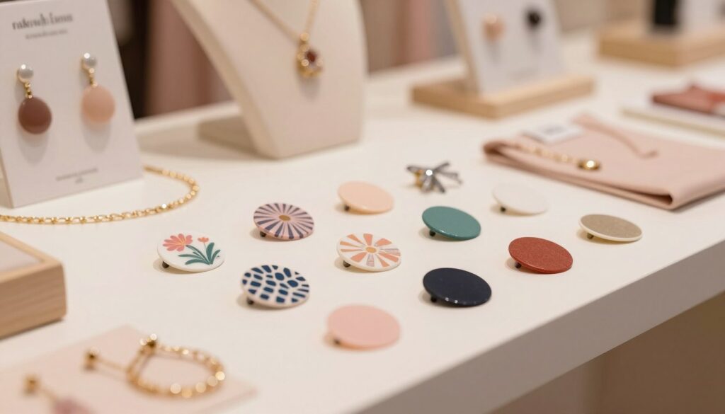 A stylish arrangement of various colorful and artistic nipple covers, also known as "naklejki na brodawki," placed on a clean, elegant display table. In the foreground, a few of the stickers are shown up close, showcasing their unique designs, patterns, and textures, including floral, geometric, and solid colors. In the middle ground, softly blurred fashion accessories such as delicate chains and earrings are subtly incorporated, hinting at their use in daily styles. The background features a softly lit boutique setting with pastel hues, creating a harmonious atmosphere. The lighting is warm and inviting, with gentle shadows that enhance the visual appeal. The overall mood is chic and sophisticated, perfect for inspiring stylish outfit ideas.