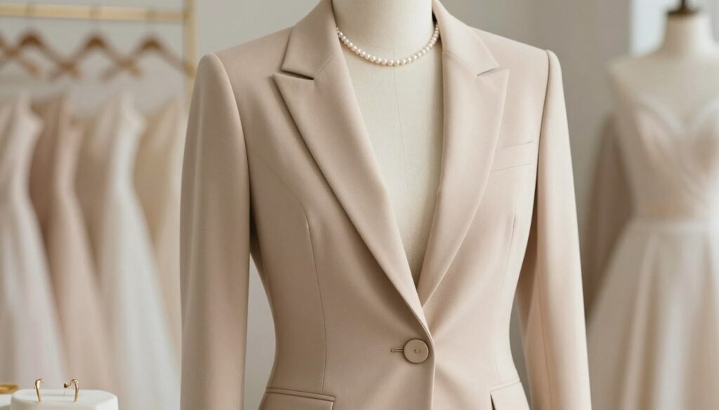 A stylish beige dress jacket, intricately tailored, is displayed against a softly blurred background that suggests a fashion studio. The jacket features elegant lapels and a fitted silhouette, draping beautifully over a mannequin. Soft, natural lighting highlights the fabric texture and subtle color variations, creating a warm, inviting atmosphere. In the foreground, delicate accessories such as a simple pearl necklace and minimalist earrings add a touch of sophistication without overwhelming the design. The overall composition evokes a sense of elegance and professionalism, making it ideal for showcasing bridal or formal wear. The image captures the essence of what makes a perfect complement to a beige dress, emphasizing both style and harmonious color coordination. A stylish beige dress jacket, intricately tailored, is displayed against a softly blurred background that suggests a fashion studio. The jacket features elegant lapels and a fitted silhouette, draping beautifully over a mannequin. Soft, natural lighting highlights the fabric texture and subtle color variations, creating a warm, inviting atmosphere. In the foreground, delicate accessories such as a simple pearl necklace and minimalist earrings add a touch of sophistication without overwhelming the design. The overall composition evokes a sense of elegance and professionalism, making it ideal for showcasing bridal or formal wear. The image captures the essence of what makes a perfect complement to a beige dress, emphasizing both style and harmonious color coordination.