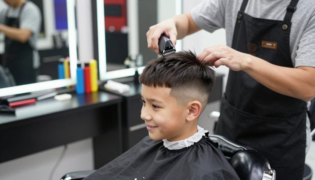 A stylish boy with a short, contemporary haircut sits in a modern barbershop chair. His hair is freshly cut using clippers, showcasing clean lines and a classic tapered style that embodies practicality and trendiness, ideal for active children. The boy smiles, exuding confidence, while the barber, wearing a professional apron and modest casual clothing, skillfully finishes the haircut. The setting includes sleek, colorful barber tools and bright mirrors reflecting the vibrant atmosphere of the shop. Soft, natural lighting highlights the scene, emphasizing the fresh haircut's details. The angle is slightly from above, capturing both the boy's expression and the barber's concentration, with minimal decorative elements in the background to keep the focus on the haircut process.