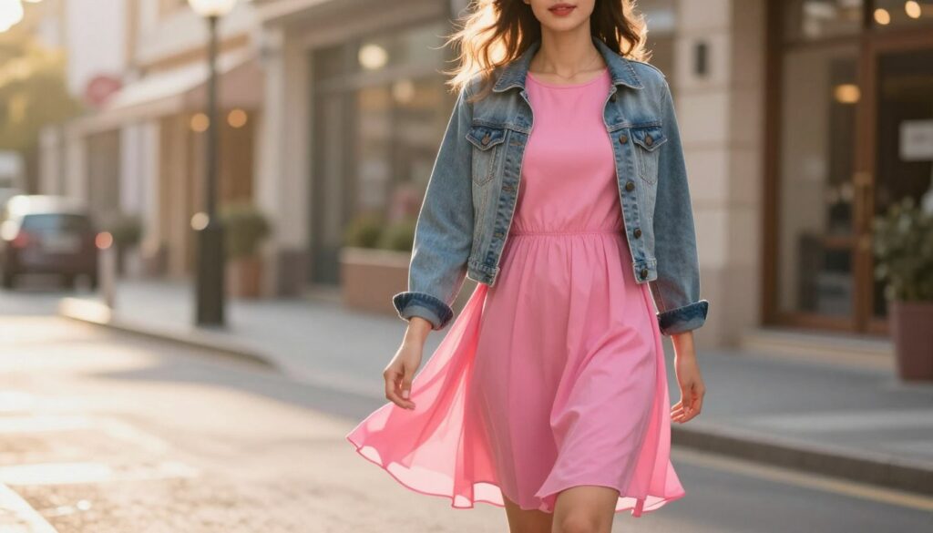 A stylish casual outfit featuring a vibrant pink dress, beautifully flowing and knee-length, worn by a model with a confident stance. The model stands on a softly lit street during the golden hour, sunlight casting warm hues across the scene. In the foreground, the dress is complemented by a light denim jacket with rolled sleeves, adding a relaxed vibe. The background features a cozy urban setting, blurred slightly to enhance focus on the outfit. The scene captures a cheerful, approachable atmosphere, perfect for a casual day out. The model's hair is styled in loose waves, allowing the overall look to resonate with effortless charm and comfort. The image should evoke a sense of casual elegance, ideal for everyday wear.