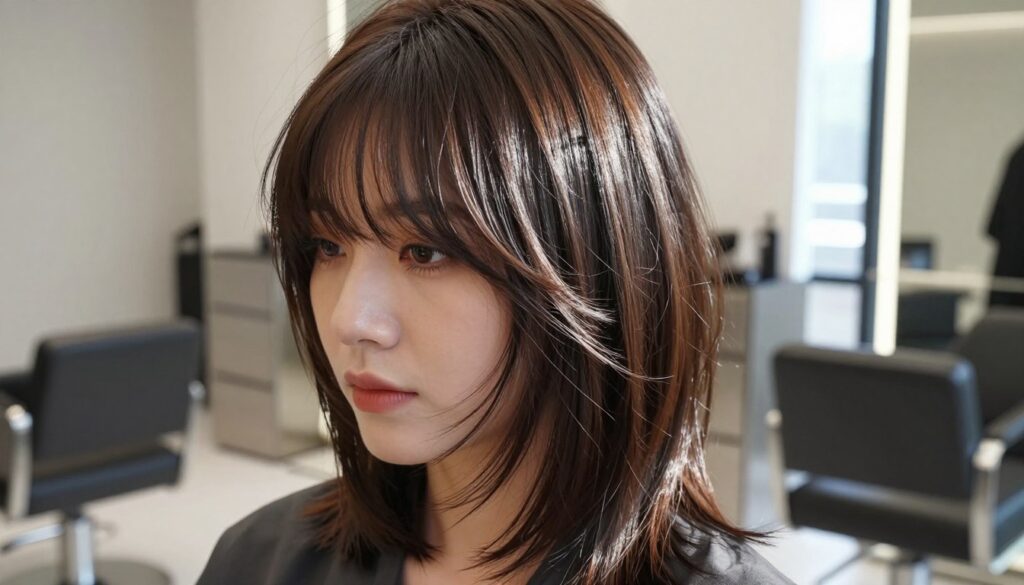 A stylish close-up of a woman with a trendy fringe haircut, showcasing the sleek layers and texture of her hair. The subject, dressed in a chic, modest outfit, is positioned in the foreground with her face slightly turned to the side, allowing the light to catch the glossy strands. The background features a softly blurred, modern hair salon environment, accentuating the focus on the haircut. Natural lighting pours in from a nearby window, creating a warm and inviting atmosphere. The mood should feel fresh and contemporary, celebrating the beauty and versatility of fringe hairstyles. The angle captures the elegance and dynamics of the fringe, emphasizing its fashionable allure.