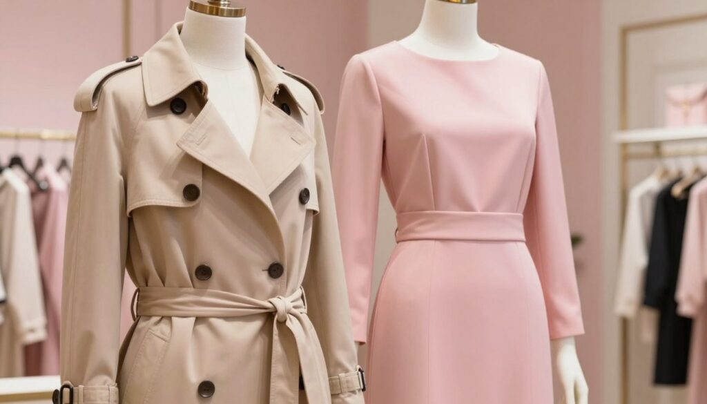 A stylish display showcasing a pink dress adorned with elegant outerwear that complements its charm. In the foreground, highlight a refined trench coat in a soft beige fabric, elegantly draped over the shoulders of a mannequin. Middle layer features a flattering, knee-length pink dress, with gentle draping and a cinched waist, illuminated by soft, diffused lighting that enhances its texture and color. In the background, a subtle blurred setting of a chic boutique with pastel-colored walls adds depth, suggesting an upscale fashion environment. The atmosphere is sophisticated yet inviting, reflecting a sense of creativity and style, perfect for a fashionable reader’s delight. The composition focuses on outfits and not on human subjects, ensuring a professional presentation.