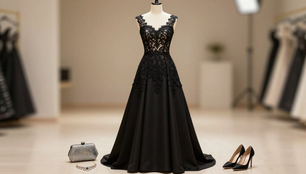 A stylish, elegant black dress (czarna sukienka) draped gracefully on a mannequin, showcasing a chic design perfect for a wedding. The dress features delicate lace detailing and a fitted bodice that flows into a subtle A-line skirt, exuding sophistication. Surrounding the dress are various accessories such as a sparkling clutch, a statement necklace, and elegant high heels, arranged artfully to emphasize the theme of avoiding monotony in styling. The background is softly blurred to keep the focus on the dress and accessories, with warm, soft lighting illuminating the scene to create an inviting atmosphere. This elegant setup captures the essence of a refined wedding look without overwhelming the viewer, inviting them to explore sophisticated styling options.