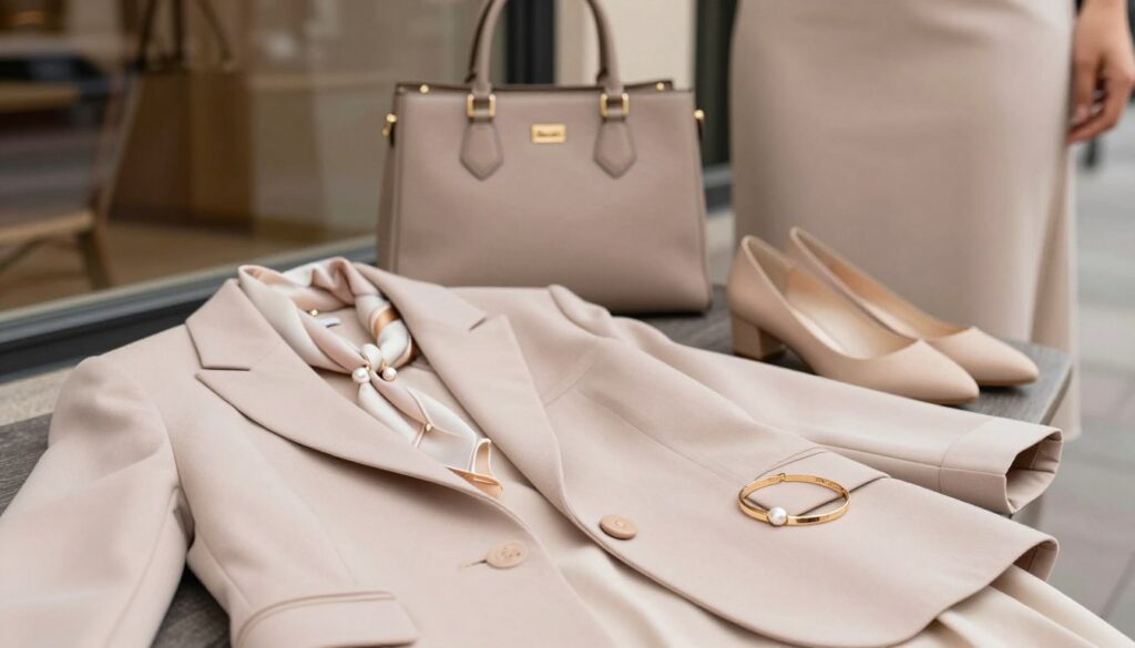 A stylish fashion composition featuring a beige dress paired with elegant accessories. In the foreground, display a beautifully tailored blazer in a soft pastel shade, complemented by a delicate scarf draped elegantly around the neckline. Include tasteful jewelry, such as pearl earrings and a simple bracelet. The middle ground should exhibit a sophisticated handbag and minimalist heels that harmonize with the ensemble. In the background, softly blurred, suggest a chic urban setting with warm, natural lighting, creating a cozy yet upscale atmosphere. Capture the scene with a slightly angled perspective to emphasize depth and texture, ensuring the overall mood radiates elegance and style, perfect for a fashion-focused article. A stylish fashion composition featuring a beige dress paired with elegant accessories. In the foreground, display a beautifully tailored blazer in a soft pastel shade, complemented by a delicate scarf draped elegantly around the neckline. Include tasteful jewelry, such as pearl earrings and a simple bracelet. The middle ground should exhibit a sophisticated handbag and minimalist heels that harmonize with the ensemble. In the background, softly blurred, suggest a chic urban setting with warm, natural lighting, creating a cozy yet upscale atmosphere. Capture the scene with a slightly angled perspective to emphasize depth and texture, ensuring the overall mood radiates elegance and style, perfect for a fashion-focused article.