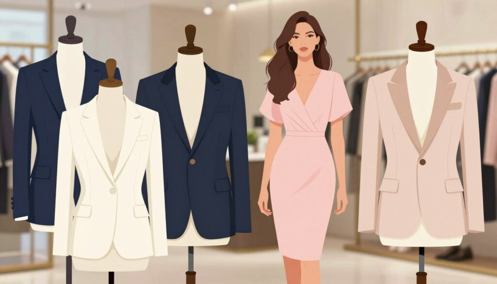 A stylish fashion illustration depicting the fitting of a tailored blazer to different body silhouettes. In the foreground, showcase a variety of blazers in elegant colors such as navy, cream, and pastel shades, artistically draped over mannequins that represent diverse silhouettes. In the middle ground, place female models wearing a lovely pink dress, demonstrating how each blazer complements their figure effectively, conveying a sense of sophistication. The background should feature a chic boutique setting with soft, natural lighting to create an inviting atmosphere, while a subtle bokeh effect enhances the focus on the blazers and dresses. The mood is classy and fashion-forward, highlighting the importance of blazer fitting in accentuating style. No text or logos should be present in the image.