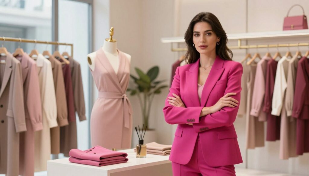 A stylish fashion scene showcasing the color fuchsia as the focal point. In the foreground, a chic businesswoman wearing a tailored fuchsia blazer over a complementary outfit, standing confidently with her arms crossed. Her expression exudes poise and elegance, embodying modern fashion principles. In the middle, display a harmonious arrangement of color combinations that complement fuchsia, such as soft pastels and neutral tones, arranged artfully on a mannequin or draped elegantly on a clothing rack. The background features a well-lit boutique with soft, diffused natural light filtering through large windows, creating an inviting atmosphere. The overall mood is sophisticated and vibrant, illustrating the principles of color pairing in fashion while emphasizing fuchsia as a centerpiece.
