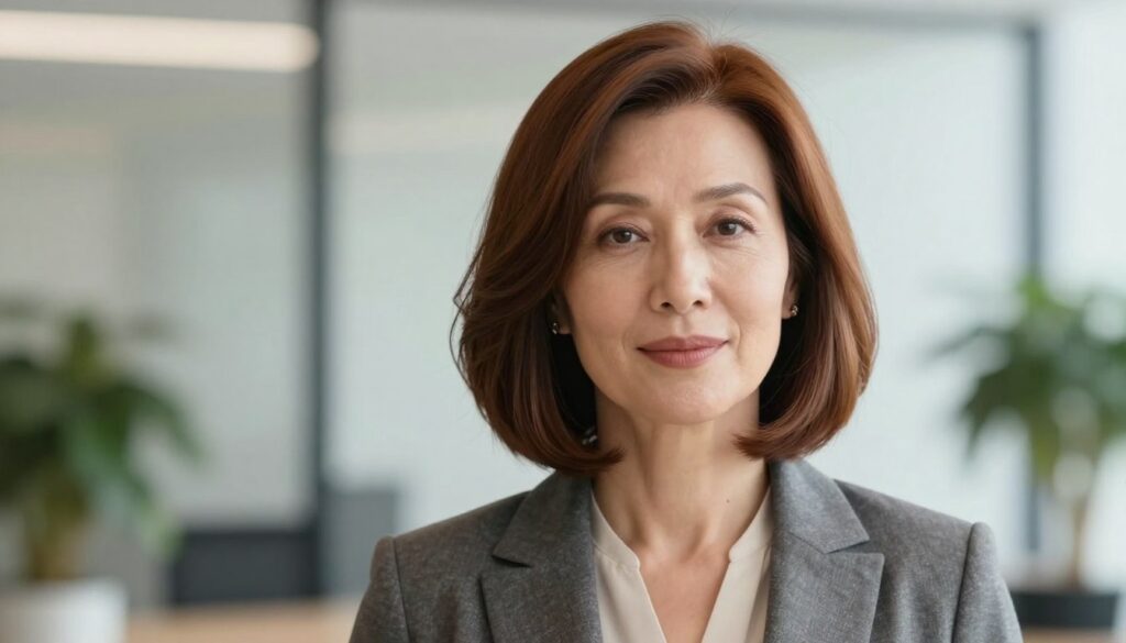 A stylish female model in her fifties, showcasing a sleek long bob haircut that elegantly frames her face. The hair should have subtle waves and be a rich chestnut brown color, reflecting a healthy shine under soft, natural lighting. She is dressed in professional business attire, including a tailored blazer and a chic blouse, exuding confidence and sophistication. The background features a softly blurred, modern office environment, with hints of greenery to enhance a fresh, rejuvenating atmosphere. The composition is captured from a slightly elevated angle, focusing on her facial expression, which conveys a sense of empowerment and openness to change. The overall mood is uplifting and aspirational, highlighting the long bob as a versatile and youthful hairstyle.