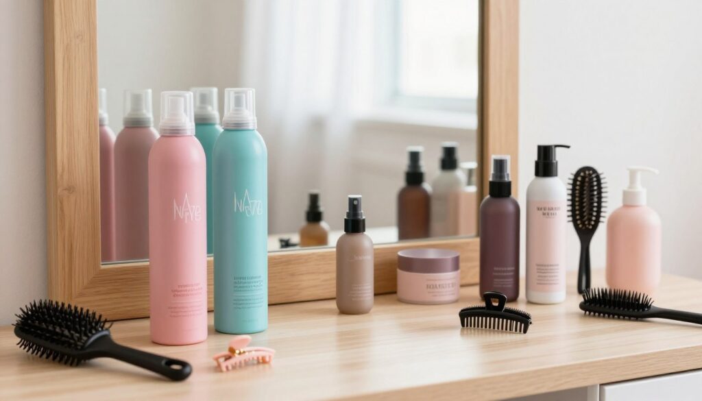A stylish flat lay of essential hair styling products for creating a trendy fringe hairstyle. The foreground features a vibrant array of hair mousses, gels, and sprays in modern, sleek packaging, surrounded by chic hair accessories like clips and combs. In the middle, an elegant wooden vanity reflects soft, diffused lighting to create an inviting atmosphere, capturing the essence of a professional salon. The background showcases a blurred image of a bright, airy room with subtle pastel colors, contributing to a fresh, fashionable mood. The overall composition emphasizes elegance and creativity, inviting readers to explore the world of hair styling.