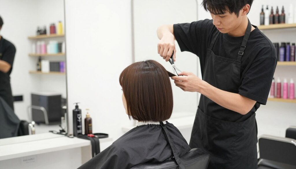 A stylish hair salon setting, featuring a professional hairstylist trimming a client's bob hairstyle with bangs. The client has an oval face shape and is sitting in a salon chair, attentively looking into a large mirror. The hairstylist, wearing a sleek black apron, uses high-quality scissors while discussing the best haircuts for different face shapes. Bright, natural lighting floods the space, highlighting the hair's texture. The background includes shelves filled with hair care products, and the atmosphere feels vibrant yet calming, illustrating a personalized consultation. The image captures the essence of finding the perfect haircut that complements one's facial features, showcasing the importance of tailored hairstyles.