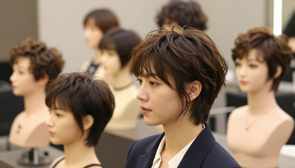 A stylish hairstyle showcase featuring diverse short hairstyles for fine hair that enhance volume. In the foreground, focus on a female model with an elegant, textured short haircut, slightly tousled for a natural look. She is dressed in professional business attire, exuding confidence and sophistication. In the middle ground, display a variety of similar stylish cuts on mannequins or other models, showcasing the versatility of short hairstyles, with soft layers and subtle waves. The background should be softly blurred to emphasize the hairstyles, featuring a modern salon setting with warm, inviting lighting. Capture the mood of freshness and creativity, highlighting the beauty of short, voluminous hairstyles for fine hair. Shot with a shallow depth of field to create an engaging focal point. A stylish hairstyle showcase featuring diverse short hairstyles for fine hair that enhance volume. In the foreground, focus on a female model with an elegant, textured short haircut, slightly tousled for a natural look. She is dressed in professional business attire, exuding confidence and sophistication. In the middle ground, display a variety of similar stylish cuts on mannequins or other models, showcasing the versatility of short hairstyles, with soft layers and subtle waves. The background should be softly blurred to emphasize the hairstyles, featuring a modern salon setting with warm, inviting lighting. Capture the mood of freshness and creativity, highlighting the beauty of short, voluminous hairstyles for fine hair. Shot with a shallow depth of field to create an engaging focal point.