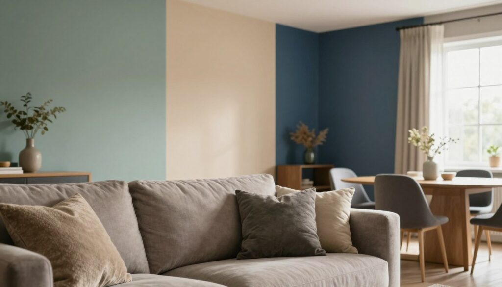 A stylish living room featuring a variety of wall colors that reflect modern design trends. In the foreground, a cozy sofa with textured cushions in complementary shades. The middle ground showcases walls painted in trendy colors such as soft sage green, warm beige, and deep navy blue, harmoniously arranged to create a balanced palette. In the background, a well-lit window allows natural light to stream in, highlighting the colors of the walls. The atmosphere is inviting and elegant, suggesting a warm and contemporary setting. Soft, diffused sunlight enhances the colors, while a slightly elevated angle captures the essence of the room's design. The overall mood is serene and inspiring, perfect for showcasing color choices for a dining room.