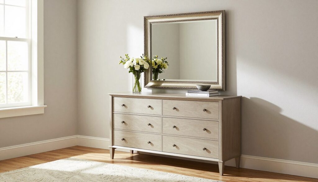 A stylish living room featuring an elegant dresser with a large, ornately framed mirror above it. The dresser is adorned with tasteful decor items such as a vase of fresh flowers, a few carefully arranged books, and a small decorative bowl. The interior is filled with soft, natural light streaming in from a nearby window, creating a warm and inviting atmosphere. The walls are painted in a light neutral color, enhancing the modern yet cozy feel of the space. A plush area rug lies underneath, adding texture and warmth to the hardwood floor. The angle captures the mirror reflecting the room's beauty, emphasizing the role of the mirror as a key element in the decor, without any distractions like texts or watermarks.