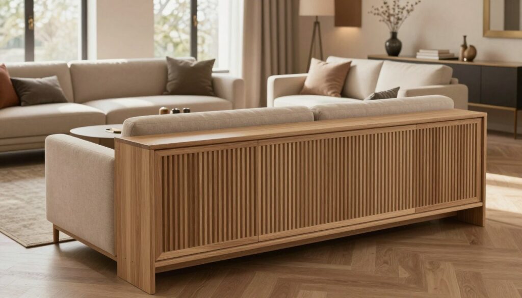 A stylish living room featuring an elegantly designed built-in radiator cover. In the foreground, showcase a modern wooden radiator enclosure with intricate details and a soft finish, blending seamlessly with the room’s decor. The middle ground includes plush, minimalist furniture such as a contemporary sofa and an accent chair, adorned with tasteful cushions. In the background, there are large windows allowing natural light to flood the room, casting soft shadows and creating a warm atmosphere. Use warm, ambient lighting to enhance the cozy vibe. The camera angle should be slightly elevated, capturing the harmonious integration of the radiator cover with the chic interior design. Exclude any people or clutter, focusing solely on the sophisticated aesthetic.
