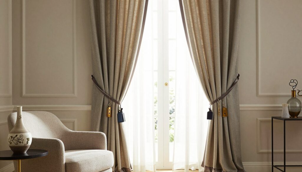 A stylish living room featuring elegantly draped curtains in a creative arrangement using various household accessories. In the foreground, showcase a cozy seating area with a plush armchair and small side table adorned with a decorative vase. The middle ground displays the curtains artistically tied back with unique clips, ribbons, and hooks that blend modern and vintage styles, showcasing textures like linen and silk. The background is softly lit by natural light streaming through a large window, enhancing the warm and inviting atmosphere. The overall mood is chic and sophisticated, perfect for a contemporary home setting, with a focus on innovative ways to style curtains.