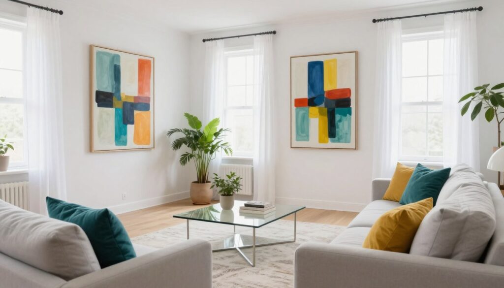 A stylish living room featuring pristine white walls that create a clean and spacious atmosphere. In the foreground, a cozy, modern sofa adorned with colorful cushions in shades of teal, mustard yellow, and soft gray. A vibrant abstract painting hangs on the wall, adding a splash of color and energy. In the middle ground, a sleek coffee table with a glass top sits on a textured area rug, surrounded by potted greenery for a touch of nature. The background features soft, natural light streaming in from large windows dressed with sheer white curtains, enhancing the serene and inviting mood. Use a soft focus lens to create depth, emphasizing inviting elements while maintaining a harmonious balance in the decor.