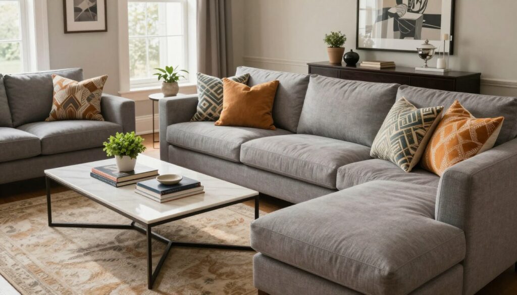 A stylish living room showcasing a carefully arranged corner sofa with a blend of modern and classic design elements. In the foreground, the corner sofa is upholstered in soft grey fabric, complemented by vibrant, patterned throw pillows. The middle ground features a sleek coffee table with decorative books and a small plant, enhancing the cozy atmosphere. In the background, a well-lit space with large windows allows natural light to stream in, illuminating the room's elegant décor, including framed art and a rug that adds warmth. The scene conveys a tranquil and inviting mood, ideal for relaxation and socializing. The angle captures the room from a slightly elevated perspective, providing a comprehensive view of the furniture layout. A stylish living room showcasing a carefully arranged corner sofa with a blend of modern and classic design elements. In the foreground, the corner sofa is upholstered in soft grey fabric, complemented by vibrant, patterned throw pillows. The middle ground features a sleek coffee table with decorative books and a small plant, enhancing the cozy atmosphere. In the background, a well-lit space with large windows allows natural light to stream in, illuminating the room's elegant décor, including framed art and a rug that adds warmth. The scene conveys a tranquil and inviting mood, ideal for relaxation and socializing. The angle captures the room from a slightly elevated perspective, providing a comprehensive view of the furniture layout.