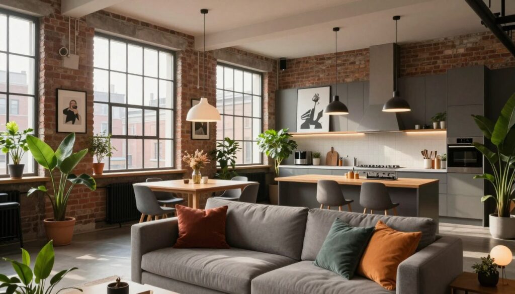 A stylish loft apartment interior inspired by Roksana Węgiel, featuring an open layout with high ceilings and large industrial windows. The foreground showcases a cozy seating area with a modern gray sofa adorned with colorful throw pillows, surrounded by elegant indoor plants. In the middle, a sleek wooden dining table with minimalist chairs contrasts against a backdrop of exposed brick walls and contemporary artwork. Soft, warm lighting from pendant fixtures creates an inviting atmosphere, while sunlight streams through the windows, casting gentle shadows. The background includes a well-equipped kitchen area with stainless steel appliances, enhancing the urban feel. Overall, the mood is modern, relaxed, and chic, perfect for a music artist's living space. A stylish loft apartment interior inspired by Roksana Węgiel, featuring an open layout with high ceilings and large industrial windows. The foreground showcases a cozy seating area with a modern gray sofa adorned with colorful throw pillows, surrounded by elegant indoor plants. In the middle, a sleek wooden dining table with minimalist chairs contrasts against a backdrop of exposed brick walls and contemporary artwork. Soft, warm lighting from pendant fixtures creates an inviting atmosphere, while sunlight streams through the windows, casting gentle shadows. The background includes a well-equipped kitchen area with stainless steel appliances, enhancing the urban feel. Overall, the mood is modern, relaxed, and chic, perfect for a music artist's living space.