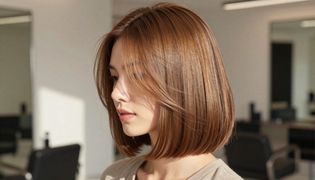 A stylish long bob hairstyle, elegantly framing a woman's face, showcasing smooth, glossy hair in a soft caramel hue. The foreground features the woman's head and shoulders, emphasizing the chic cut that falls just above the collarbone. In the middle, delicate strands of hair catch the light, reflecting a warm glow. The background includes a softly blurred, modern interior space, suggesting a trendy salon environment, with neutral tones enhancing the focus on the hairstyle. Soft, diffused natural lighting casts gentle shadows, creating an inviting atmosphere. The mood is fresh and sophisticated, suitable for showcasing the versatility of the long bob as a universal choice for women. The subject wears modest, professional attire, ensuring a polished and elegant appearance without distractions. A stylish long bob hairstyle, elegantly framing a woman's face, showcasing smooth, glossy hair in a soft caramel hue. The foreground features the woman's head and shoulders, emphasizing the chic cut that falls just above the collarbone. In the middle, delicate strands of hair catch the light, reflecting a warm glow. The background includes a softly blurred, modern interior space, suggesting a trendy salon environment, with neutral tones enhancing the focus on the hairstyle. Soft, diffused natural lighting casts gentle shadows, creating an inviting atmosphere. The mood is fresh and sophisticated, suitable for showcasing the versatility of the long bob as a universal choice for women. The subject wears modest, professional attire, ensuring a polished and elegant appearance without distractions.