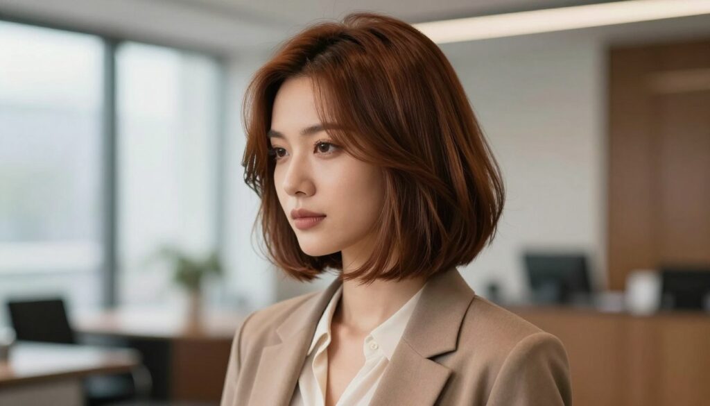 A stylish long bob hairstyle on a model with medium-length hair, showcasing soft waves and a polished finish. The hair color is a rich chestnut brown with subtle highlights that catch the light. The model is wearing professional business attire, such as a tailored blouse and blazer, giving a confident and chic demeanor. The setting features a softly blurred modern office background, with natural light streaming through large windows, creating a warm and inviting atmosphere. The shot is taken from a slight angle to highlight the hair's movement and shape, with a focus on the smooth lines of the bob, conveying elegance and sophistication. The overall mood is professional yet approachable, perfect for showcasing the versatility of the long bob hairstyle. A stylish long bob hairstyle on a model with medium-length hair, showcasing soft waves and a polished finish. The hair color is a rich chestnut brown with subtle highlights that catch the light. The model is wearing professional business attire, such as a tailored blouse and blazer, giving a confident and chic demeanor. The setting features a softly blurred modern office background, with natural light streaming through large windows, creating a warm and inviting atmosphere. The shot is taken from a slight angle to highlight the hair's movement and shape, with a focus on the smooth lines of the bob, conveying elegance and sophistication. The overall mood is professional yet approachable, perfect for showcasing the versatility of the long bob hairstyle.