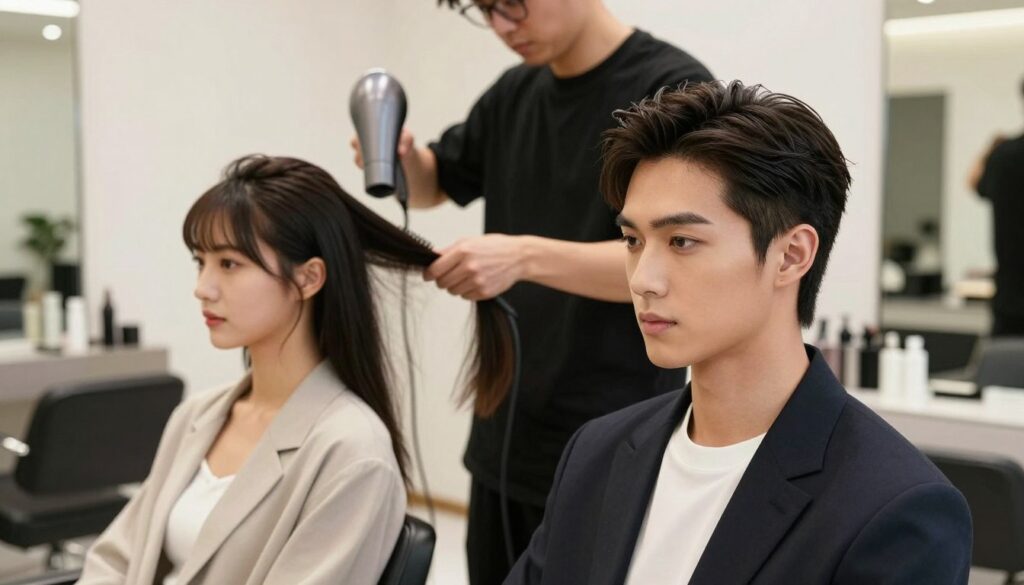 A stylish male and female model demonstrating a modern side part hairstyle in a well-lit, contemporary salon setting. In the foreground, the models wear smart casual attire, exuding confidence and elegance. The male model has a neatly styled side part with short sides and a voluminous top, while the female model features long, sleek hair with a deep side part, cascading over one shoulder. In the middle ground, a professional hairstylist is seen working on the female model's hair, using a round brush and a hairdryer, illustrating the styling process. The background showcases a bright and airy salon with chic decor, emphasizing a stylish and welcoming atmosphere. Soft, natural lighting enhances the warmth of the scene, creating a modern and inviting mood. A stylish male and female model demonstrating a modern side part hairstyle in a well-lit, contemporary salon setting. In the foreground, the models wear smart casual attire, exuding confidence and elegance. The male model has a neatly styled side part with short sides and a voluminous top, while the female model features long, sleek hair with a deep side part, cascading over one shoulder. In the middle ground, a professional hairstylist is seen working on the female model's hair, using a round brush and a hairdryer, illustrating the styling process. The background showcases a bright and airy salon with chic decor, emphasizing a stylish and welcoming atmosphere. Soft, natural lighting enhances the warmth of the scene, creating a modern and inviting mood.
