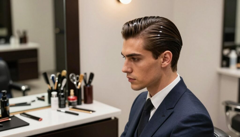 A stylish male model with neatly slicked-back hair stands in a modern barbershop, exuding confidence and sophistication. He is dressed in a sharp, tailored business suit, showcasing a blend of professionalism and contemporary fashion. The foreground features a close-up view of his hair, perfectly styled and glistening with a light hair product, emphasizing the smooth texture. In the middle ground, a well-organized barber station can be seen, with grooming tools like combs, pomade, and scissors neatly arranged. The background showcases a sleek, minimalistic interior design with soft lighting, creating a warm and inviting atmosphere that highlights the grooming process. The overall mood is aspirational, encouraging viewers to envision themselves achieving the same polished look. A stylish male model with neatly slicked-back hair stands in a modern barbershop, exuding confidence and sophistication. He is dressed in a sharp, tailored business suit, showcasing a blend of professionalism and contemporary fashion. The foreground features a close-up view of his hair, perfectly styled and glistening with a light hair product, emphasizing the smooth texture. In the middle ground, a well-organized barber station can be seen, with grooming tools like combs, pomade, and scissors neatly arranged. The background showcases a sleek, minimalistic interior design with soft lighting, creating a warm and inviting atmosphere that highlights the grooming process. The overall mood is aspirational, encouraging viewers to envision themselves achieving the same polished look.
