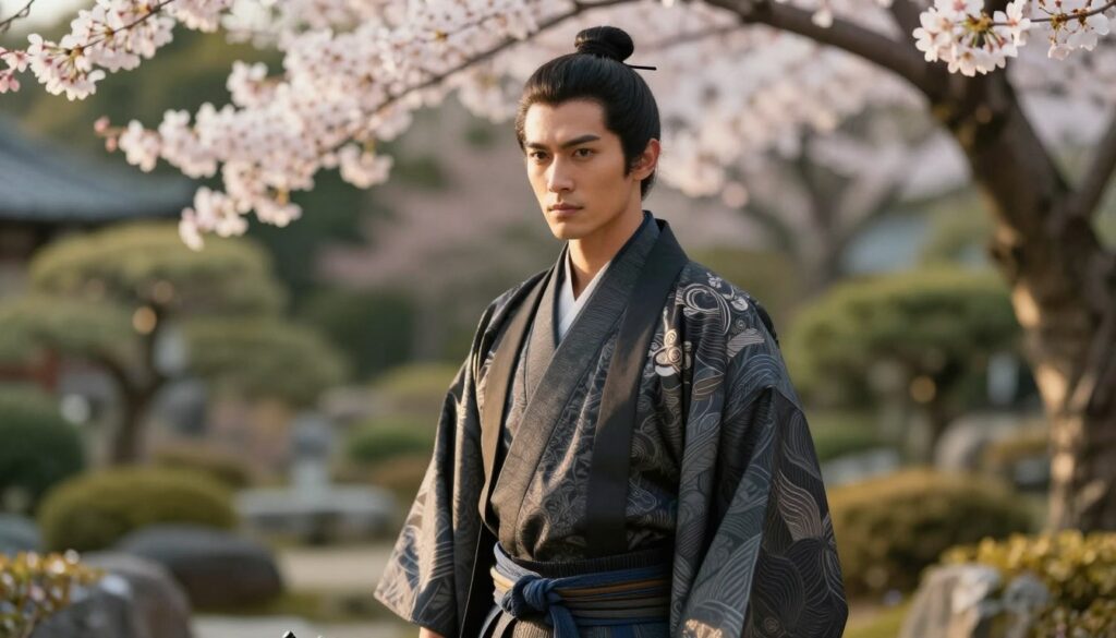 A stylish male samurai with a traditional topknot hairstyle stands confidently in a serene Japanese garden. His strong features are highlighted by soft, golden morning light, creating a warm and inviting atmosphere. In the foreground, he wears a finely detailed, modernized samurai kimono that blends traditional patterns with contemporary tailoring. The middle ground showcases lush greenery and delicate cherry blossom trees, gently swaying in the breeze. Soft bokeh effects blur the background, emphasizing the subject. The image is captured from a slight low angle to accentuate his pride and stature. The overall mood is one of elegance and strength, perfect for illustrating the appeal of the samurai hairstyle to modern masculinity.