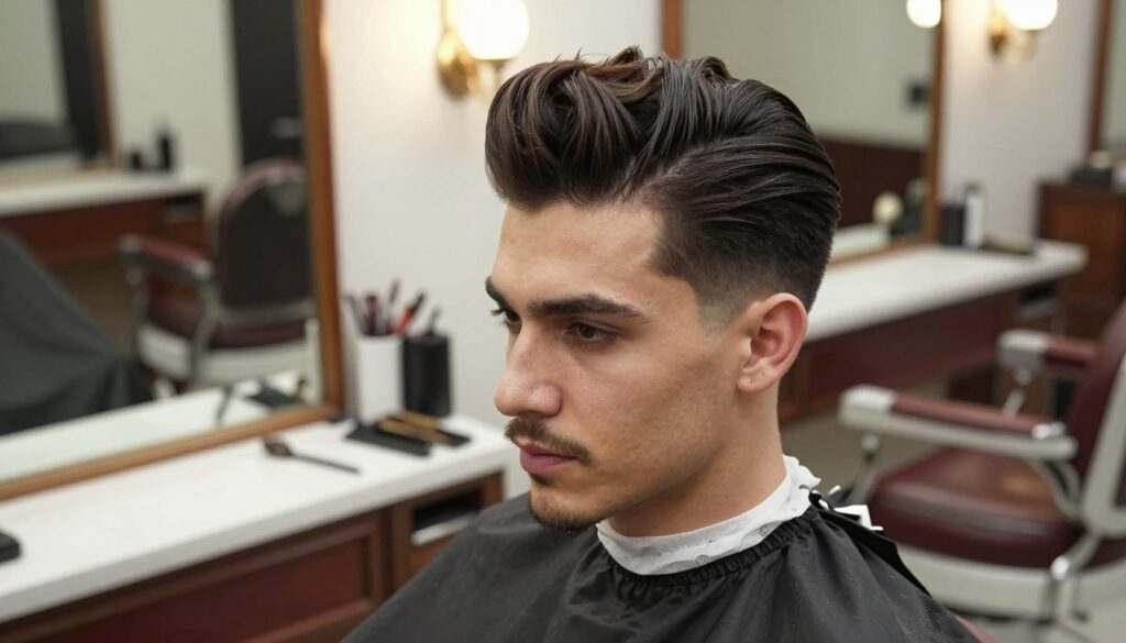 A stylish man with a classic pompadour hairstyle, showcasing the voluminous, slicked-back look characteristic of the style. He is seated in a modern barbershop, surrounded by professional tools and retro decor. The foreground captures his facial features, emphasizing confidence and sophistication, while the middle section features vintage barber chairs and mirrors reflecting the elegant atmosphere. In the background, soft, warm lighting creates a welcoming ambiance. The angle is slightly tilted to highlight the hair's texture and volume from the side, showcasing how the hairstyle naturally flows. The overall mood is refined and professional, appealing to those considering the pompadour for a polished appearance.