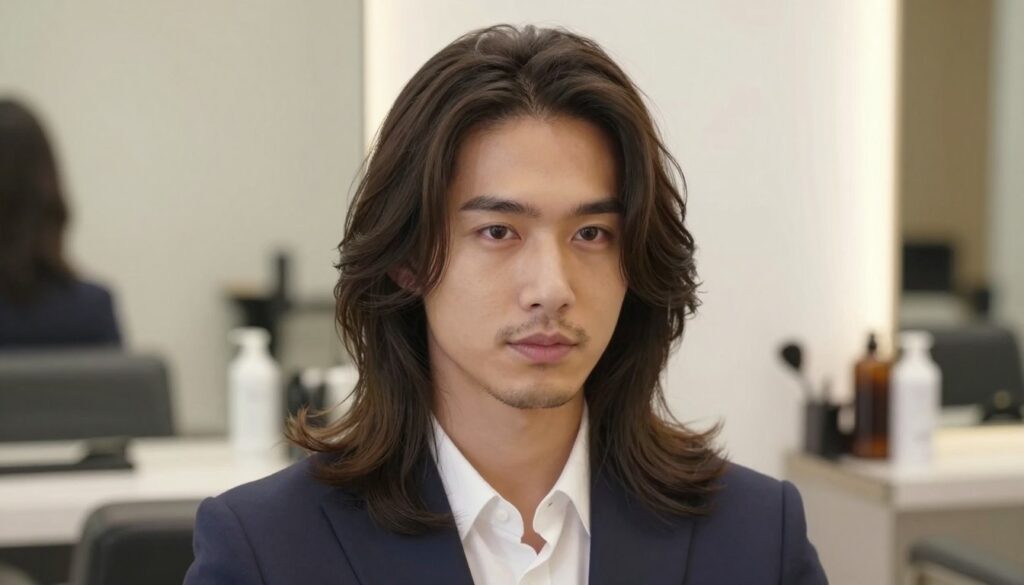 A stylish man with longer hair at the temples, showcasing a modern haircut that adds volume and texture, is the focus of the foreground. The man is wearing a professional, tailored outfit, featuring a crisp shirt and a smart blazer, with a confident expression. In the middle ground, a softly blurred salon environment enhances the scene, with hair care products and tools subtly visible. The background is a bright, welcoming interior with warm, diffused lighting that creates a soft, inviting atmosphere. The image should capture a close-up angle that emphasizes the hairstyle, with a focus on the layered long hair framing the face, conveying a sense of sophistication and confidence. A stylish man with longer hair at the temples, showcasing a modern haircut that adds volume and texture, is the focus of the foreground. The man is wearing a professional, tailored outfit, featuring a crisp shirt and a smart blazer, with a confident expression. In the middle ground, a softly blurred salon environment enhances the scene, with hair care products and tools subtly visible. The background is a bright, welcoming interior with warm, diffused lighting that creates a soft, inviting atmosphere. The image should capture a close-up angle that emphasizes the hairstyle, with a focus on the layered long hair framing the face, conveying a sense of sophistication and confidence.