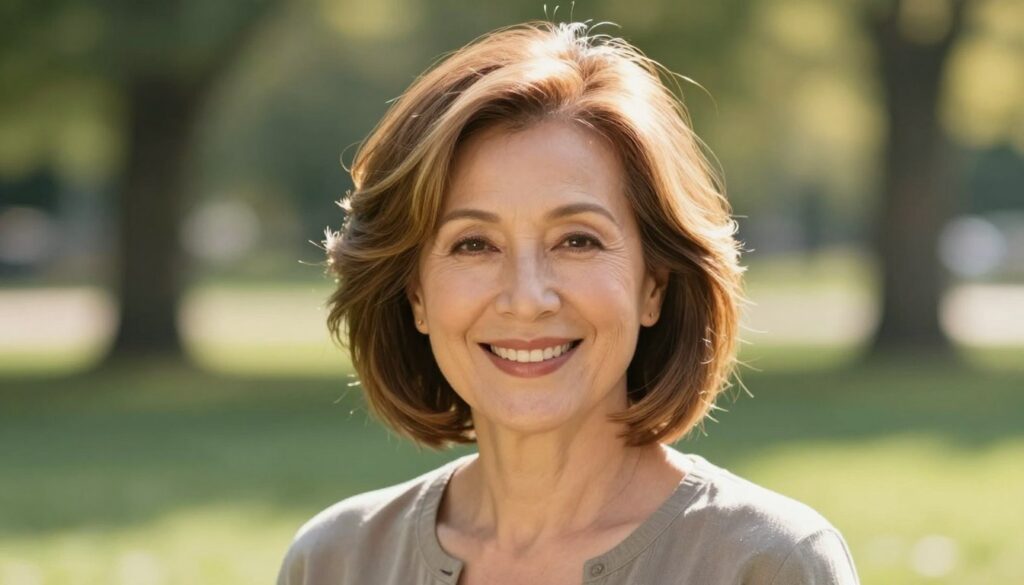 A stylish, mature woman in her 60s with a warm, glowing complexion and vibrant, illuminating hair color that enhances her facial features. The hairstyle is a modern, soft bob, subtly layered to frame her face beautifully. Her hair exhibits gentle highlights that catch the light, offering a radiant contrast against her skin tone. The background features a softly blurred natural setting, perhaps a sunlit park, which adds warmth to the scene. The lighting is bright yet soft, creating an inviting and uplifting atmosphere. The woman is wearing elegant, modest casual clothing that complements her sophisticated look. Capture this scene with a shallow depth of field, focusing primarily on her expressive smile and vibrant hair color, conveying a sense of vitality and rejuvenation.