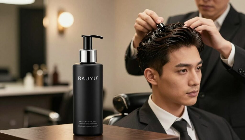 A stylish men's hair tonic bottle prominently displayed in the foreground, featuring an elegant design with a matte black finish and a metallic cap, reflecting light. The middle ground shows a well-groomed man with a trendy fringe hairstyle, dressed in smart casual attire, applying the tonic to his hair. His expression is focused and relaxed, suggesting confidence in his grooming routine. The background features a softly blurred barber shop interior, with warm lighting illuminating the scene. The atmosphere conveys a sense of sophistication and modern grooming, highlighting the role of hair tonic in daily hairstyling. Capture this moment from a slightly elevated angle, with a subtle bokeh effect to emphasize the subject. A stylish men's hair tonic bottle prominently displayed in the foreground, featuring an elegant design with a matte black finish and a metallic cap, reflecting light. The middle ground shows a well-groomed man with a trendy fringe hairstyle, dressed in smart casual attire, applying the tonic to his hair. His expression is focused and relaxed, suggesting confidence in his grooming routine. The background features a softly blurred barber shop interior, with warm lighting illuminating the scene. The atmosphere conveys a sense of sophistication and modern grooming, highlighting the role of hair tonic in daily hairstyling. Capture this moment from a slightly elevated angle, with a subtle bokeh effect to emphasize the subject.