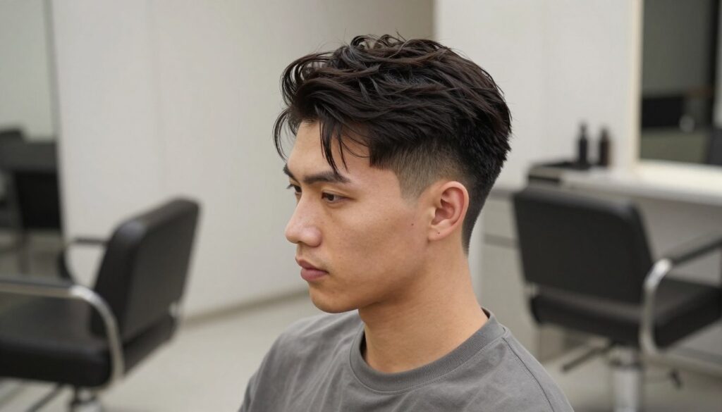 A stylish men's haircut showcasing the art of "cieniowanie włosów," with a strong focus on the gradients and seamless transitions of hair lengths. The foreground features a well-groomed model with a sharp jawline, dressed in a fitted, modest casual shirt, exuding confidence. The middle ground highlights the intricate details of the haircut, emphasizing the blending techniques used on the sides to create a modern, fashionable look. Soft, natural lighting enhances the hair's texture while casting gentle shadows, adding depth to the image. In the background, a minimalist, contemporary salon setting adds to the chic atmosphere, ensuring the focus remains on the haircut itself. A stylish men's haircut showcasing the art of "cieniowanie włosów," with a strong focus on the gradients and seamless transitions of hair lengths. The foreground features a well-groomed model with a sharp jawline, dressed in a fitted, modest casual shirt, exuding confidence. The middle ground highlights the intricate details of the haircut, emphasizing the blending techniques used on the sides to create a modern, fashionable look. Soft, natural lighting enhances the hair's texture while casting gentle shadows, adding depth to the image. In the background, a minimalist, contemporary salon setting adds to the chic atmosphere, ensuring the focus remains on the haircut itself.