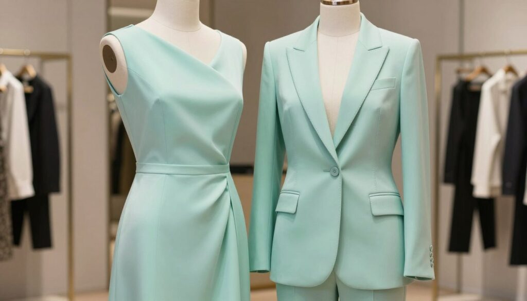 A stylish mint green dress elegantly draped on a mannequin, paired with a tailored, sophisticated blazer in a complementary pastel shade. The blazer features refined details such as subtle stitching and a sleek lapel design, conveying a sense of modern elegance. The setting is a chic boutique atmosphere with soft, diffused lighting that highlights the textures of the fabrics, casting gentle shadows. In the background, blurred silhouettes of elegant clothing racks enhance the focus on the outfit. The angle is a three-quarter view, showcasing both the dress and blazer clearly. The overall mood is one of refined sophistication and fashion-forward thinking, perfect for various occasions. A stylish mint green dress elegantly draped on a mannequin, paired with a tailored, sophisticated blazer in a complementary pastel shade. The blazer features refined details such as subtle stitching and a sleek lapel design, conveying a sense of modern elegance. The setting is a chic boutique atmosphere with soft, diffused lighting that highlights the textures of the fabrics, casting gentle shadows. In the background, blurred silhouettes of elegant clothing racks enhance the focus on the outfit. The angle is a three-quarter view, showcasing both the dress and blazer clearly. The overall mood is one of refined sophistication and fashion-forward thinking, perfect for various occasions.