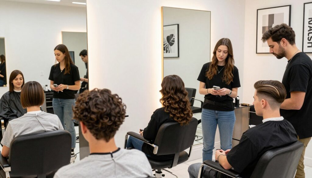 A stylish, modern hair salon interior showcases various trending side part hairstyles for men and women. In the foreground, a diverse group of stylish individuals with different hair types and lengths display popular haircuts featuring side parting, including sleek bobs, tousled waves, and classic lengths. Their professional, casual attire adds a sophisticated touch. In the middle, a large mirror reflects the hairstyles and the salon's chic décor, with bright, soft lighting illuminating the scene. The background features elegant salon chairs and contemporary artwork, enhancing the modern atmosphere. The overall mood is vibrant and inviting, celebrating the elegance and versatility of side part hairstyles in a contemporary setting. A stylish, modern hair salon interior showcases various trending side part hairstyles for men and women. In the foreground, a diverse group of stylish individuals with different hair types and lengths display popular haircuts featuring side parting, including sleek bobs, tousled waves, and classic lengths. Their professional, casual attire adds a sophisticated touch. In the middle, a large mirror reflects the hairstyles and the salon's chic décor, with bright, soft lighting illuminating the scene. The background features elegant salon chairs and contemporary artwork, enhancing the modern atmosphere. The overall mood is vibrant and inviting, celebrating the elegance and versatility of side part hairstyles in a contemporary setting.