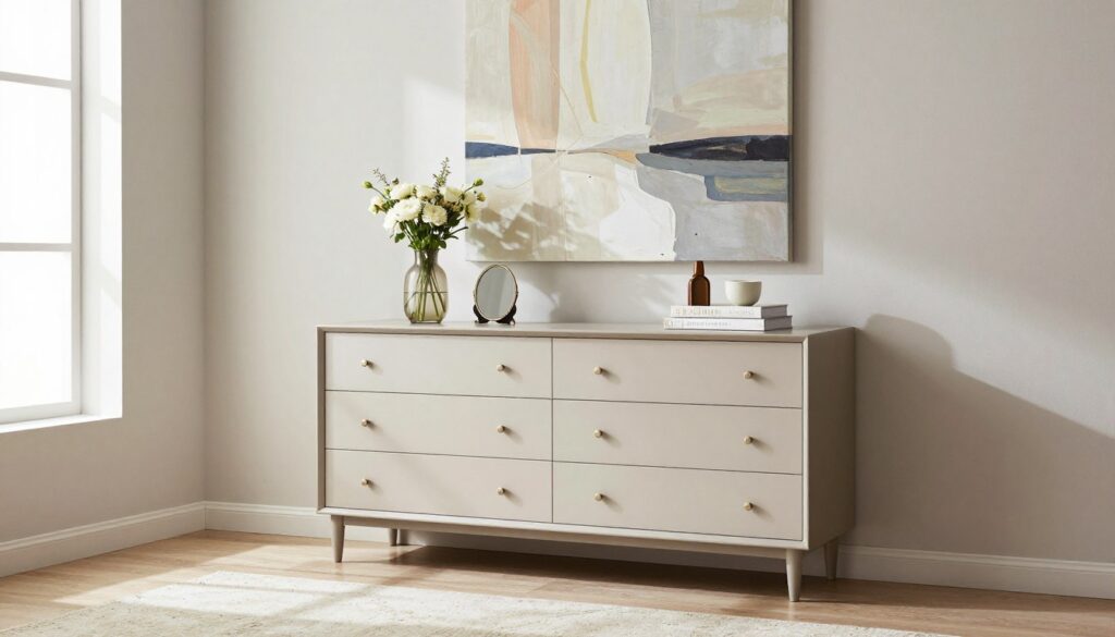 A stylish, modern living room featuring a beautifully decorated dresser (komoda) against a clean, neutral-colored wall. The dresser is adorned with elegant decor items such as a vase with fresh flowers, a decorative mirror, and some artful books, creating an inviting atmosphere. Above the dresser, a large, abstract painting enhances the space without overwhelming it, using a palette of soft pastels. In the foreground, a chic rug adds warmth, while natural light streams in from a nearby window, casting gentle shadows. The room is organized and visually pleasing, embodying an uncluttered yet sophisticated ambiance. The angle showcases both the dresser and the art above it, emphasizing the harmonious design without distraction.