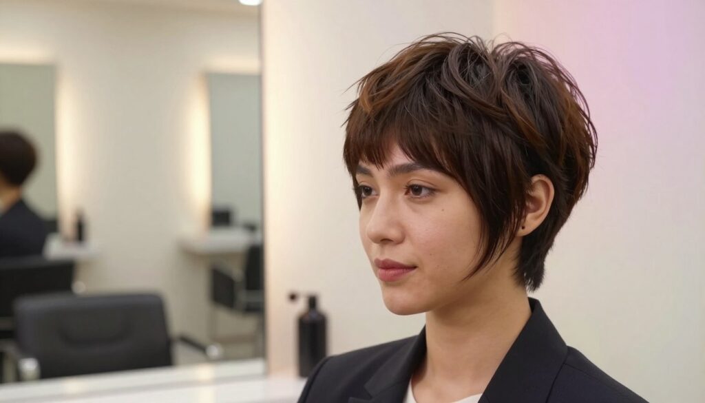 A stylish, modern pixie haircut tailored for a round face, showcasing techniques that add lightness and dynamism. In the foreground, a diverse female model with shoulder-length, textured pixie hair, highlighted to enhance the face's contours, wearing professional business attire. In the middle, a soft-focus salon environment with elegant mirrors and subtle lighting to create a warm atmosphere. The background features a gentle color gradient representing soft pastels, evoking a sense of creativity and freshness. The lighting is soft and diffused, casting flattering shadows that highlight the hairstyle's layering. The mood is uplifting and empowering, emphasizing confidence and modern elegance without any text or branding elements.