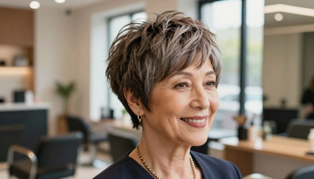 A stylish older woman with a chic pixie cut hairstyle, showcasing soft, layered textures that add volume and movement. She has a warm smile and exudes confidence, dressed in a smart casual outfit with elegant accessories. The foreground focuses on her face and hairstyle, capturing the shine and health of her hair in daylight. The middle ground includes a softly blurred backdrop of a cozy, inviting modern salon interior, with calming colors and natural light filtering through large windows. The overall atmosphere is uplifting and vibrant, conveying a sense of rejuvenation and modern elegance suited for a 50-year-old woman seeking refreshing and youthful looks. A stylish older woman with a chic pixie cut hairstyle, showcasing soft, layered textures that add volume and movement. She has a warm smile and exudes confidence, dressed in a smart casual outfit with elegant accessories. The foreground focuses on her face and hairstyle, capturing the shine and health of her hair in daylight. The middle ground includes a softly blurred backdrop of a cozy, inviting modern salon interior, with calming colors and natural light filtering through large windows. The overall atmosphere is uplifting and vibrant, conveying a sense of rejuvenation and modern elegance suited for a 50-year-old woman seeking refreshing and youthful looks.