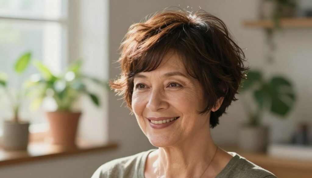 A stylish pixie bob haircut exuding volume and energy, showcased on a mature woman in her 60s. The foreground features her smiling face with warm, inviting expressions, sporting a modern, textured pixie bob with soft layers that add bounce. Her modest casual attire complements her hairstyle, radiating a youthful charm. The middle captures her shoulders against a softly blurred background of a cozy, sunlit room adorned with indoor plants, emphasizing a serene and uplifting atmosphere. Natural light filters through a window, illuminating her hair's subtle highlights, creating a warm glow. A slightly tilted angle enhances the hairstyle's volume and dynamic feel, making it the focal point of the image.