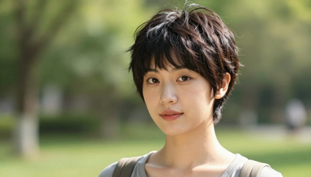 A stylish pixie haircut designed specifically for a round face, showcasing soft, layered textures that give a sleek and elongated appearance. The model has a warm complexion and is dressed in a casual yet elegant top, exuding confidence. The lighting is bright and natural, highlighting the tousled layers of the hairstyle while casting soft shadows for depth. Capture a slight angle from the front to emphasize the face's structure. The background features a blurred serene outdoor setting with soft greenery, enhancing the fresh and vibrant mood. The overall atmosphere is uplifting and inspiring, perfectly illustrating the essence of a flattering pixie haircut for those with round faces.